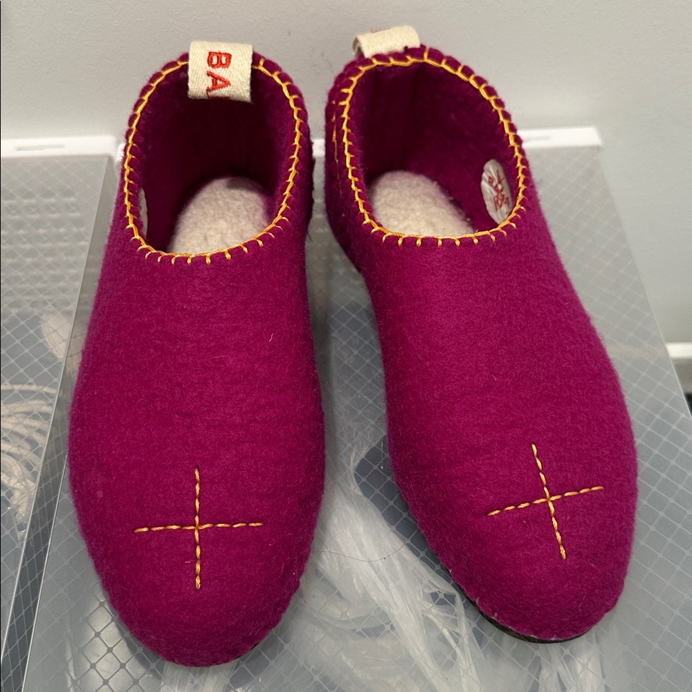 Magenta Felt Slippers with Yellow Stitching. Mongolian brand BABA